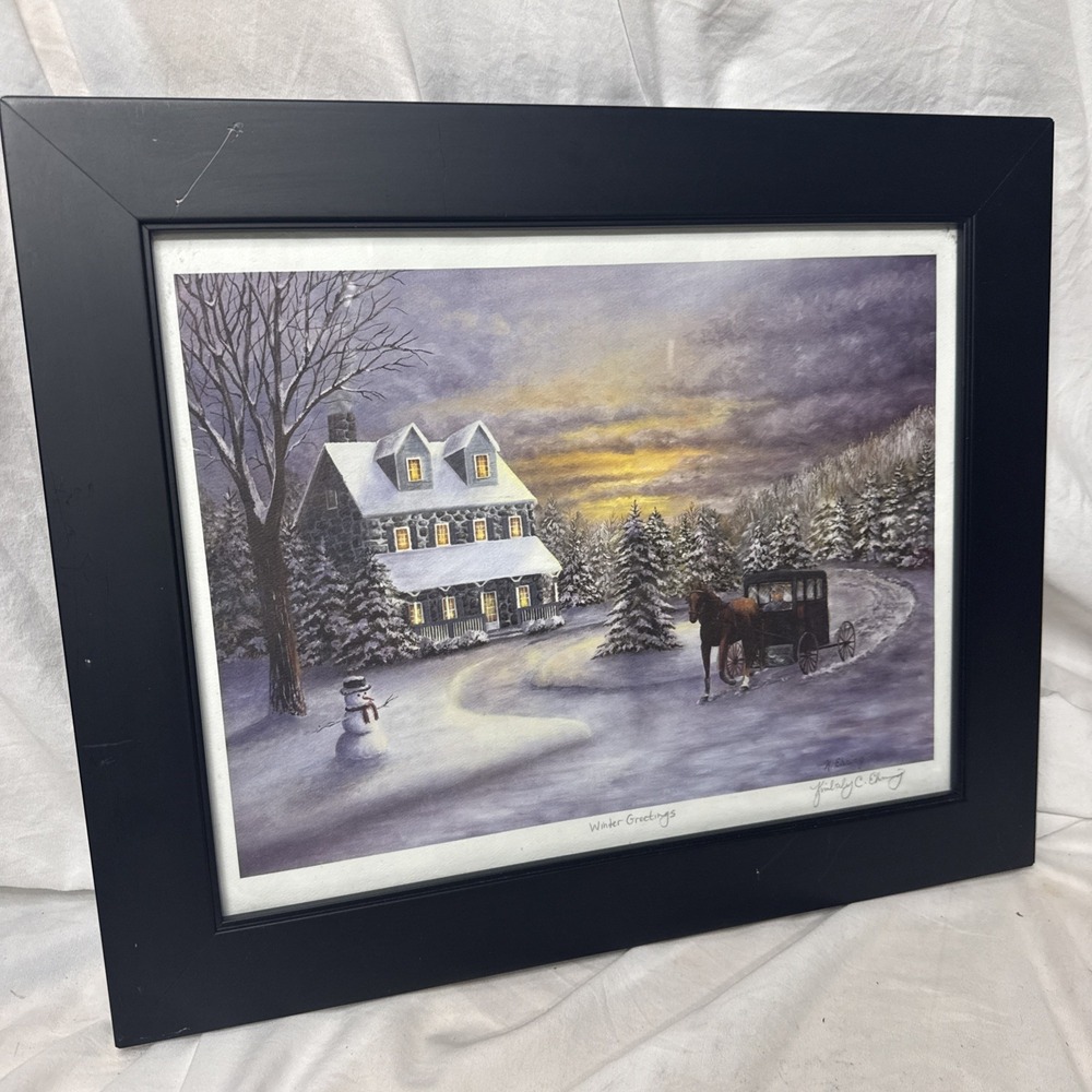 Signed Kimberly Ehring Artist Print Winter Greetings Amish PA Country Snow Frame